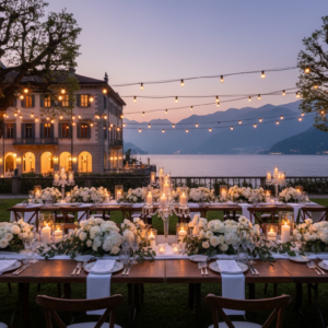Candlelit wedding dinner in the lakefront park of Villa Regina Teodolinda at dusk – Lake Como villa wedding – Kiss Me Italy