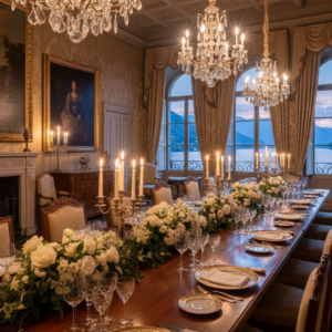 Wedding dinner in the period salons of Villa Revel Parravicini – heritage Lake Como wedding – Kiss Me Italy