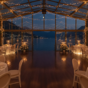 The Lakefront Estate Wedding — Villa Sardegna, Lake Como Wedding party in the panoramic waterfront loft of Villa Sardegna at night – lakefront estate wedding Como – Kiss Me Italy