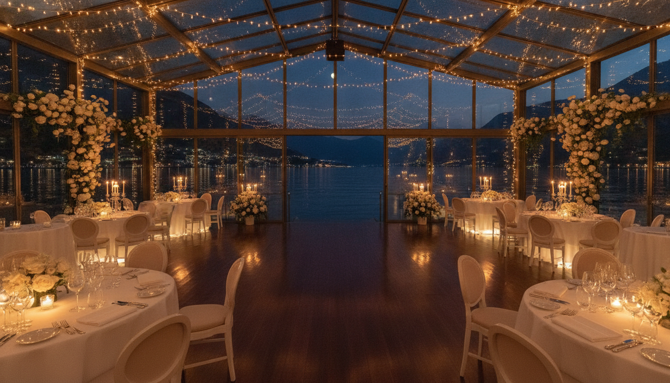 Wedding party in the panoramic waterfront loft of Villa Sardegna at night – lakefront estate wedding Como – Kiss Me Italy
