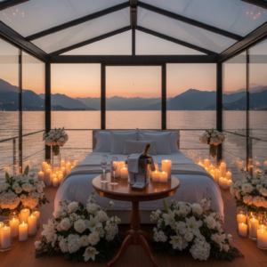 Candlelit proposal setup inside a panoramic loft over the water of Lake Como – Lake Como loft proposal – Kiss Me Italy
