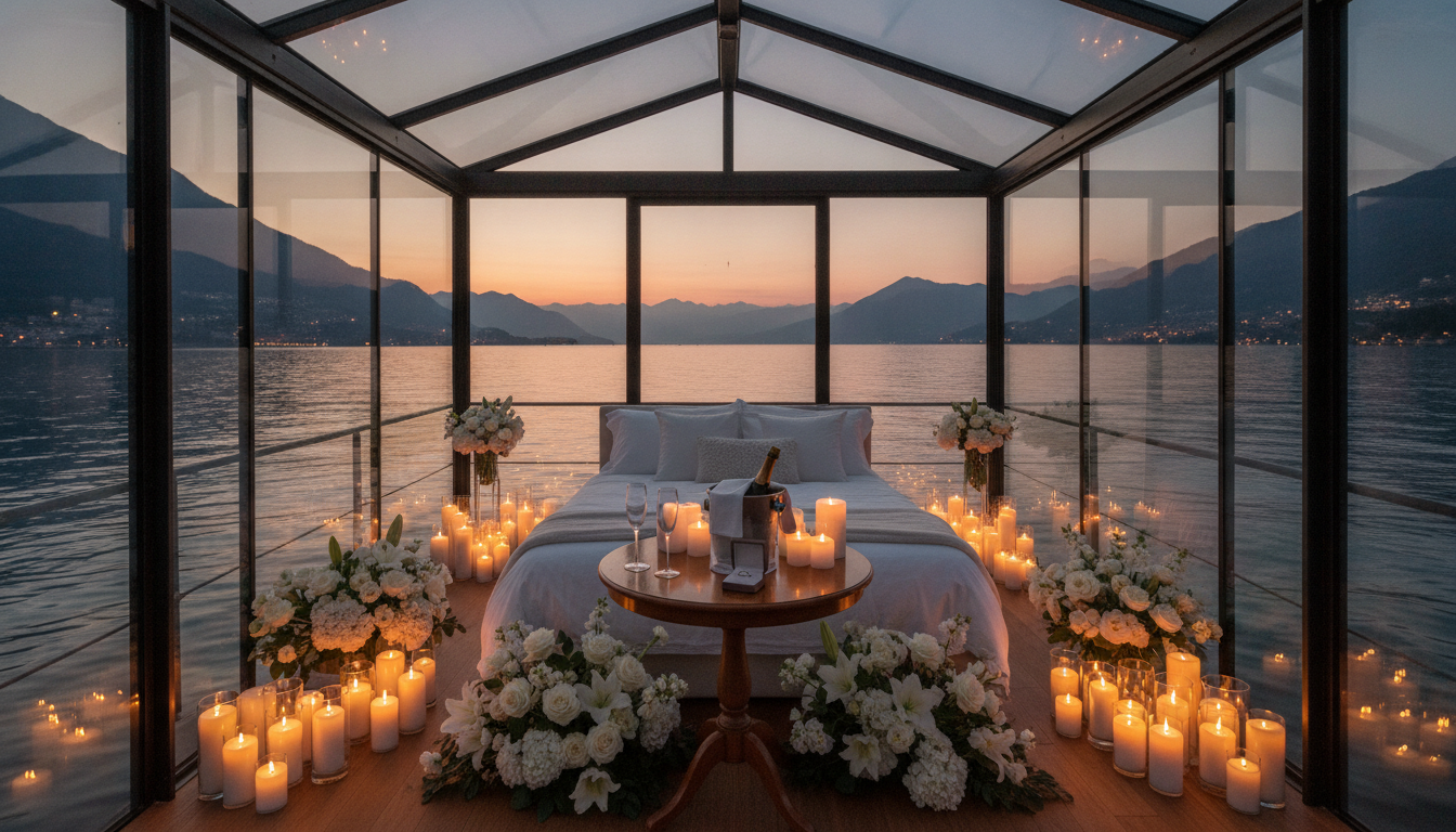 Candlelit proposal setup inside a panoramic loft over the water of Lake Como – Lake Como loft proposal – Kiss Me Italy