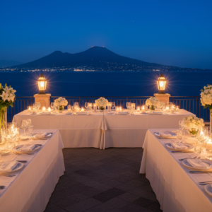 Wedding dinner on the panoramic terrace of the Bellevue Syrene in Sorrento at night – sorrento luxury hotel wedding dinner – Kiss Me Italy