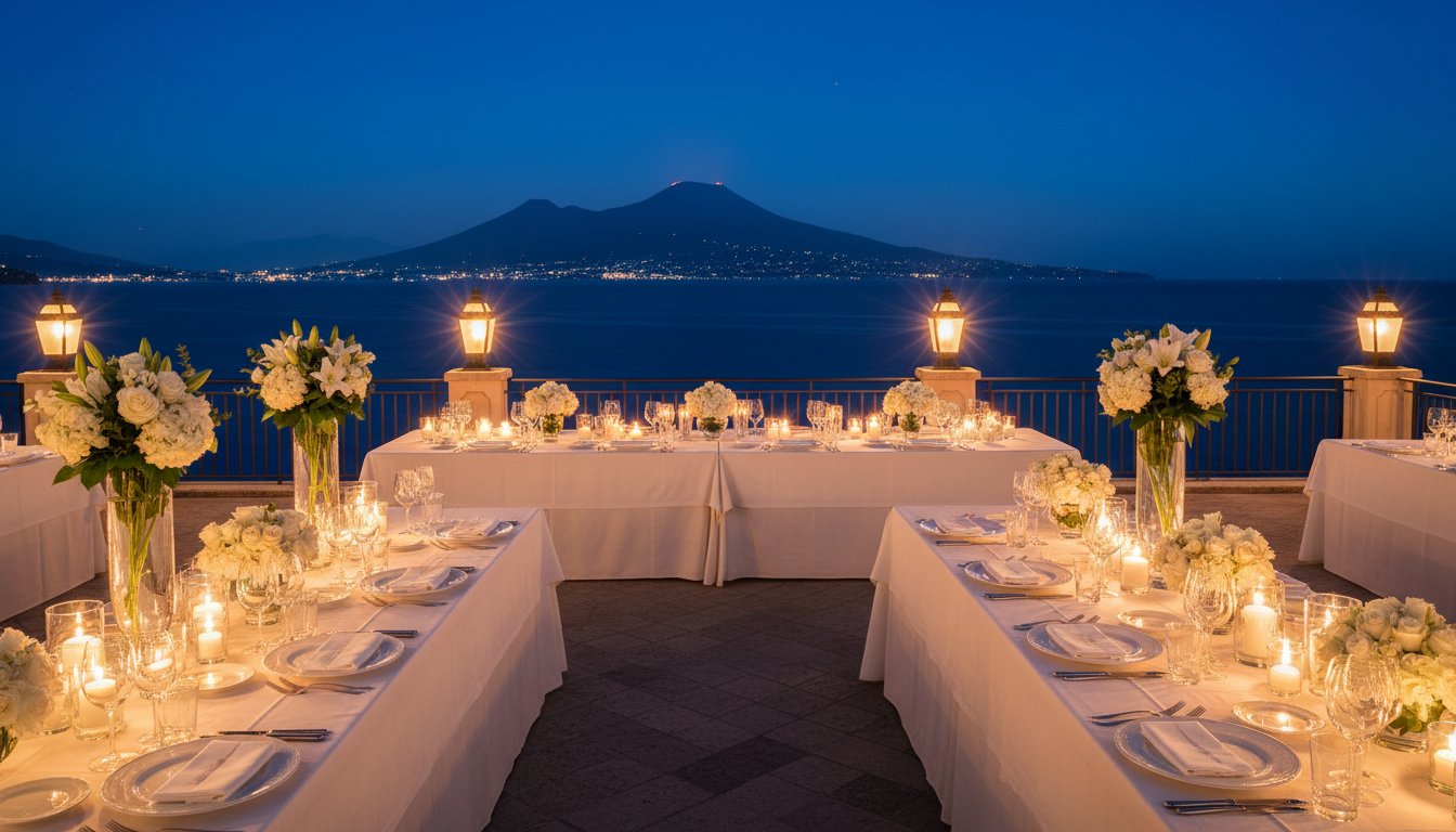 Wedding dinner on the panoramic terrace of the Bellevue Syrene in Sorrento at night – sorrento luxury hotel wedding dinner – Kiss Me Italy