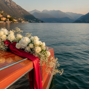 Elopement ceremony with red ribbon aboard a private boat on Lake Como – boat elopement Lake Como – Kiss Me Italy