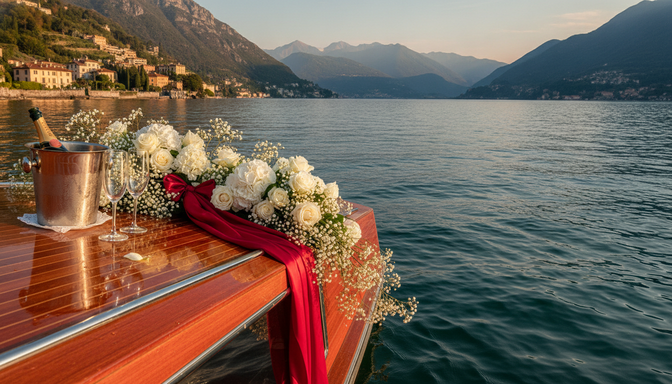 Elopement ceremony with red ribbon aboard a private boat on Lake Como – boat elopement Lake Como – Kiss Me Italy