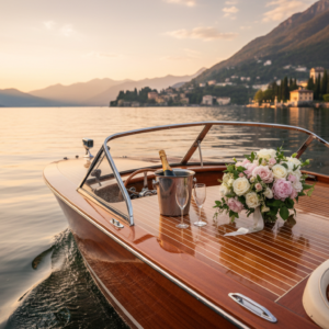 Private boat with champagne and flowers for a proposal on Lake Como – boat proposal Lake Como – Kiss Me Italy