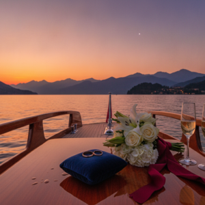 Anniversary vow renewal with rings and champagne aboard a boat on Lake Como – boat vow renewal Lake Como – Kiss Me Italy