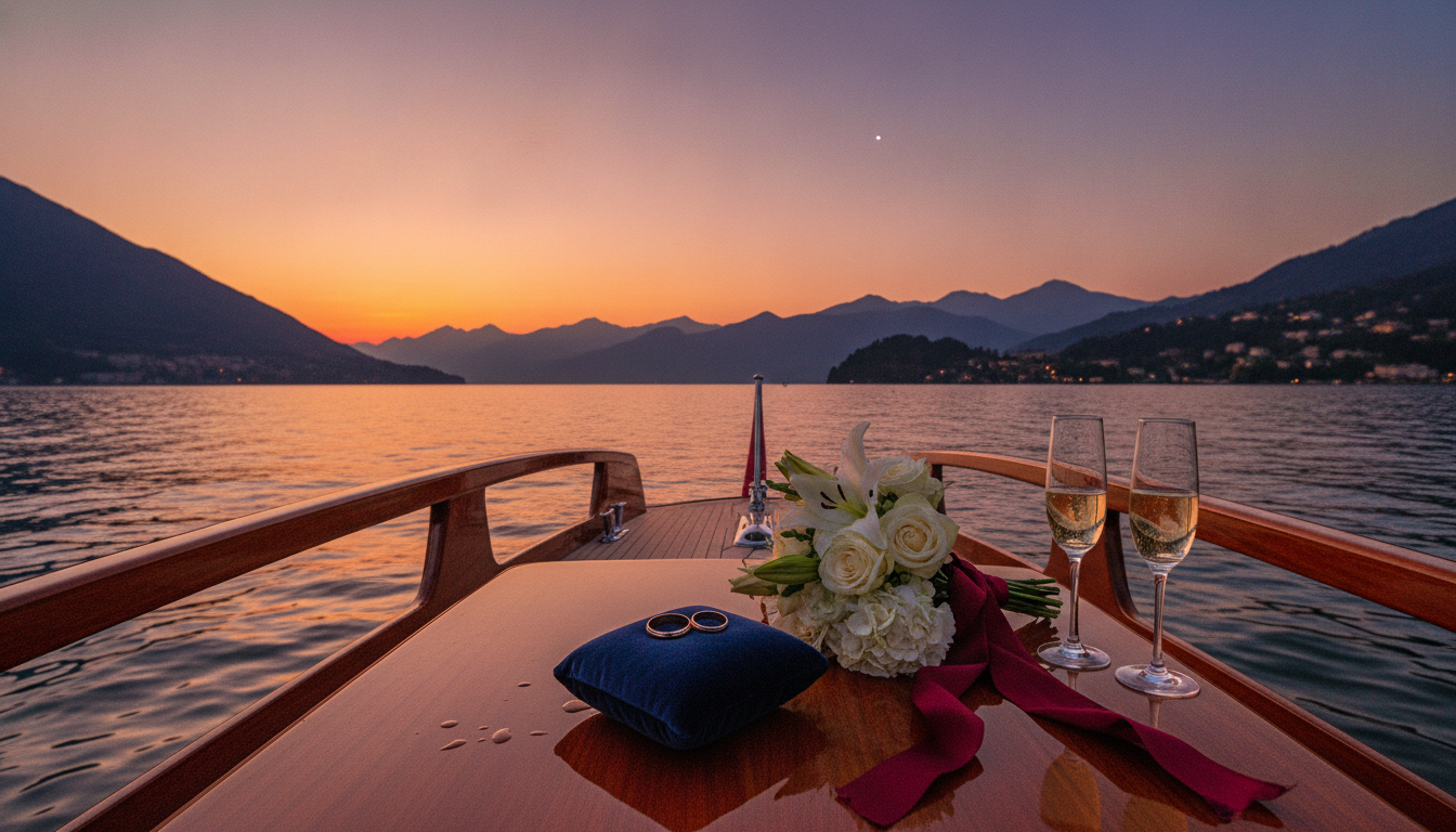 Anniversary vow renewal with rings and champagne aboard a boat on Lake Como – boat vow renewal Lake Como – Kiss Me Italy