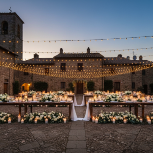 Wedding dinner in the stone courtyard of Borgo San Felice in Chianti Classico – Borgo San Felice wedding – Kiss Me Italy