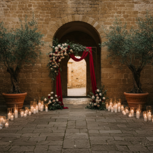 Elopement ceremony with red ribbon in the courtyard of Borgo Stomennano near Siena – borgo stomennano elopement – Kiss Me Italy