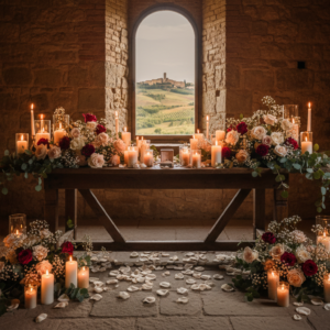 Proposal setup with flowers in a medieval stone house at Borgo Stomennano near Siena – borgo stomennano proposal – Kiss Me Italy