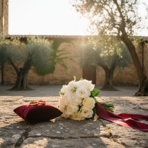 Vow renewal setup with rings and red ribbon in the courtyard of Borgo Stomennano – borgo stomennano vow renewal – Kiss Me Italy