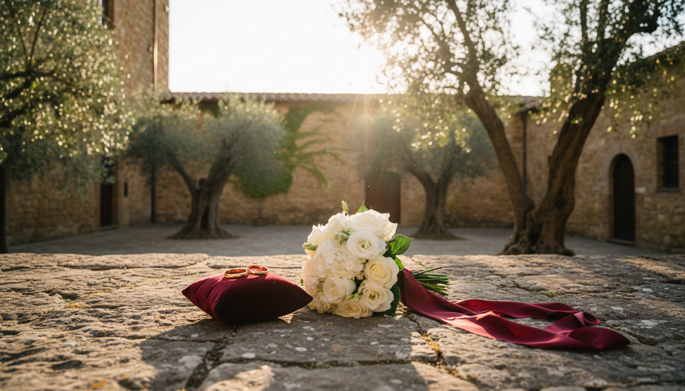 Vow renewal setup with rings and red ribbon in the courtyard of Borgo Stomennano – borgo stomennano vow renewal – Kiss Me Italy