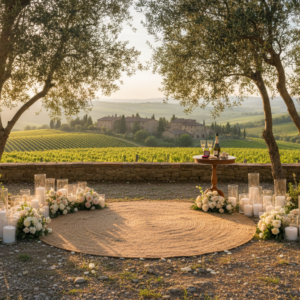 Proposal setup with flowers in an olive grove at Borgo Vescine among Chianti vineyards – borgo vescine proposal – Kiss Me Italy