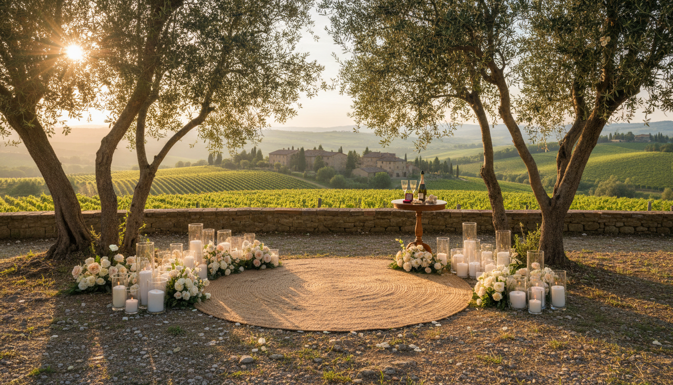 Proposal setup with flowers in an olive grove at Borgo Vescine among Chianti vineyards – borgo vescine proposal – Kiss Me Italy