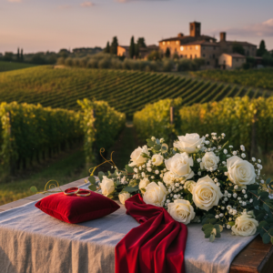Vow renewal setup with rings and red ribbon among the vineyards of Borgo Vescine – borgo vescine vow renewal – Kiss Me Italy