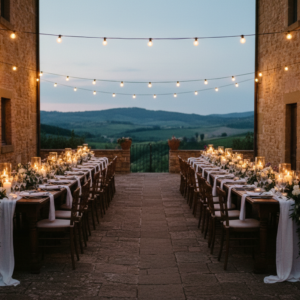 Wedding dinner under string lights at Borgo Vescine in the Chianti hills – chianti wedding dinner – Kiss Me Italy