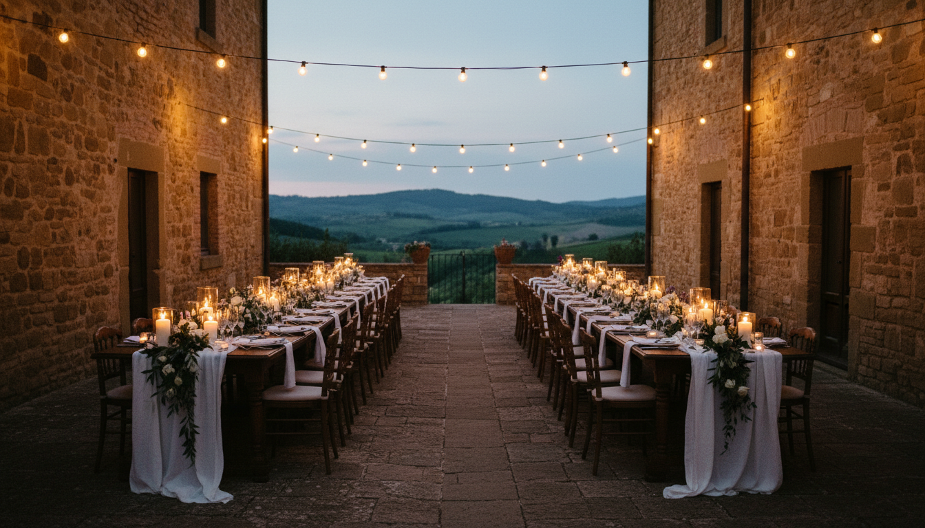 Wedding dinner under string lights at Borgo Vescine in the Chianti hills – chianti wedding dinner – Kiss Me Italy