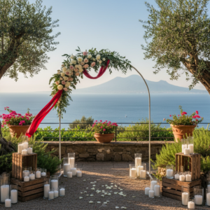 Elopement ceremony with red ribbon in the sea gardens of Capo Santa Fortunata – capo santa fortunata elopement – Kiss Me Italy