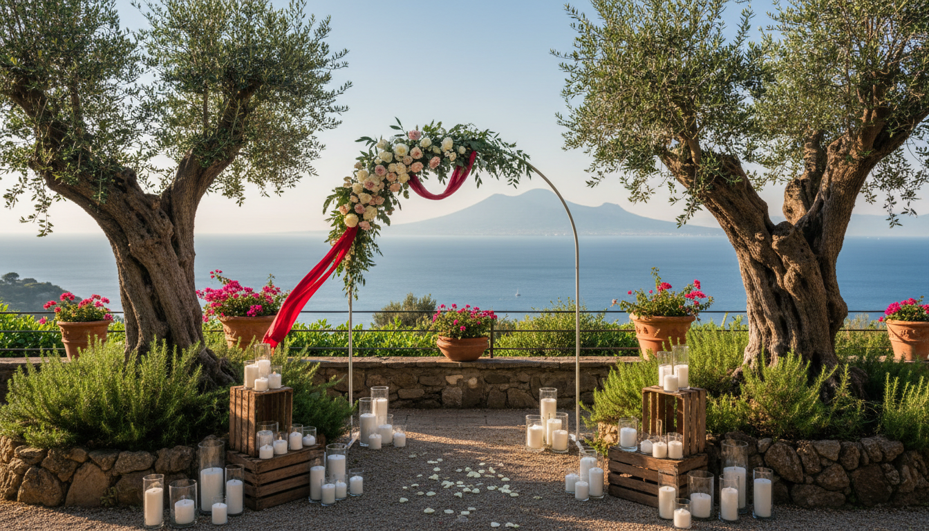 Elopement ceremony with red ribbon in the sea gardens of Capo Santa Fortunata – capo santa fortunata elopement – Kiss Me Italy