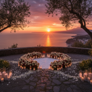 Sunset proposal setup with flowers and candles over the Gulf of Naples at Capo Santa Fortunata – capo santa fortunata proposal – Kiss Me Italy