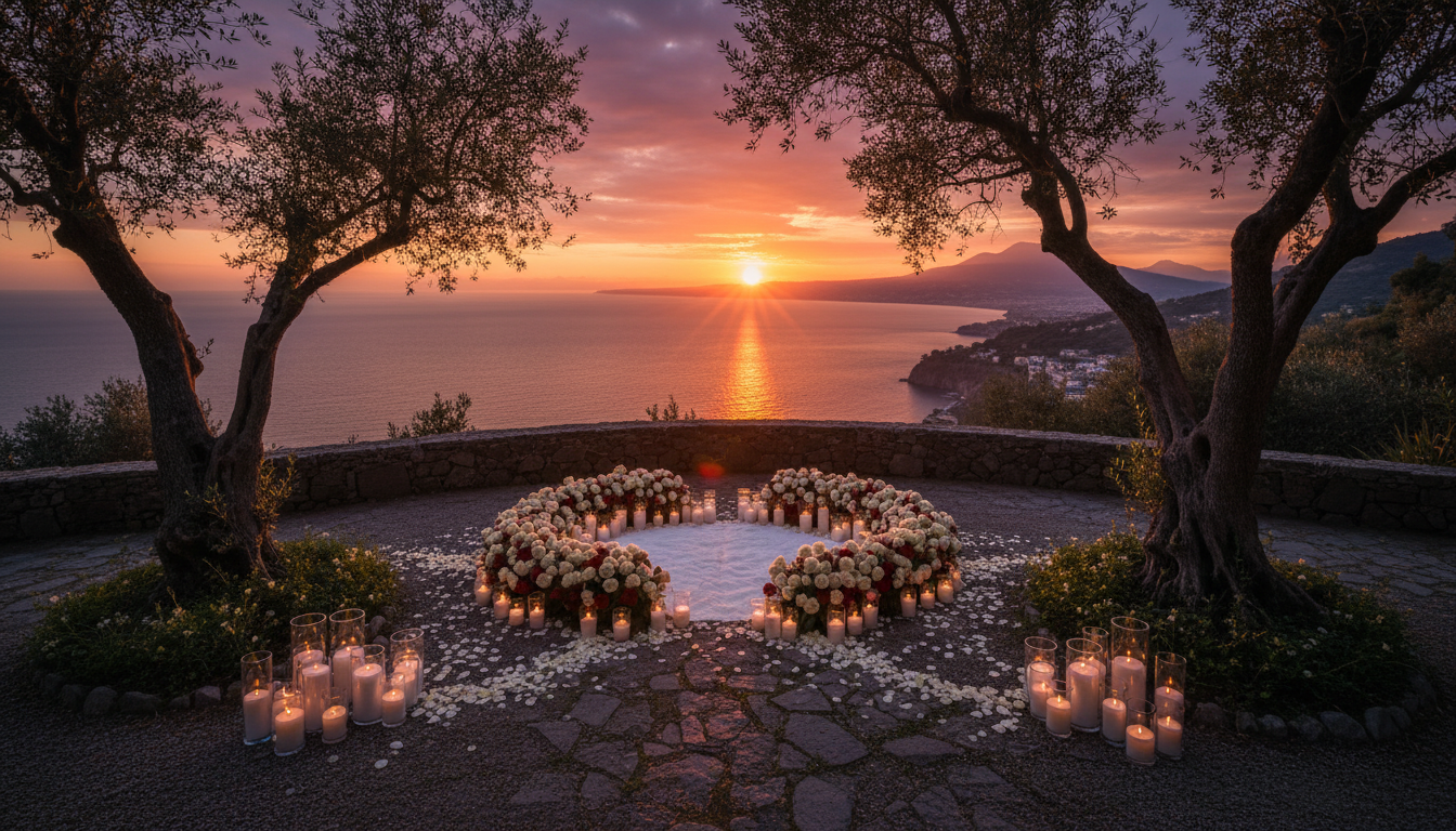 Sunset proposal setup with flowers and candles over the Gulf of Naples at Capo Santa Fortunata – capo santa fortunata proposal – Kiss Me Italy