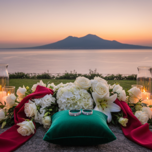 Vow renewal setup with rings and red ribbon over the Gulf of Naples at Capo Santa Fortunata – capo santa fortunata vow renewal – Kiss Me Italy