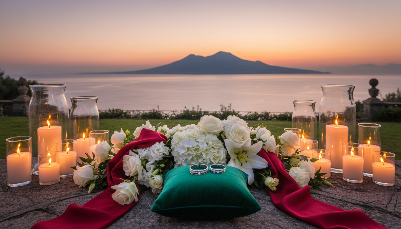Vow renewal setup with rings and red ribbon over the Gulf of Naples at Capo Santa Fortunata – capo santa fortunata vow renewal – Kiss Me Italy