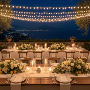 Wedding dinner by the sea at Capo Santa Fortunata with the Gulf of Naples at night – sorrento seaside wedding dinner – Kiss Me Italy