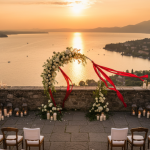 Elopement ceremony with red ribbon on the castle terrace above Lake Como – Lake Como castle elopement – Kiss Me Italy