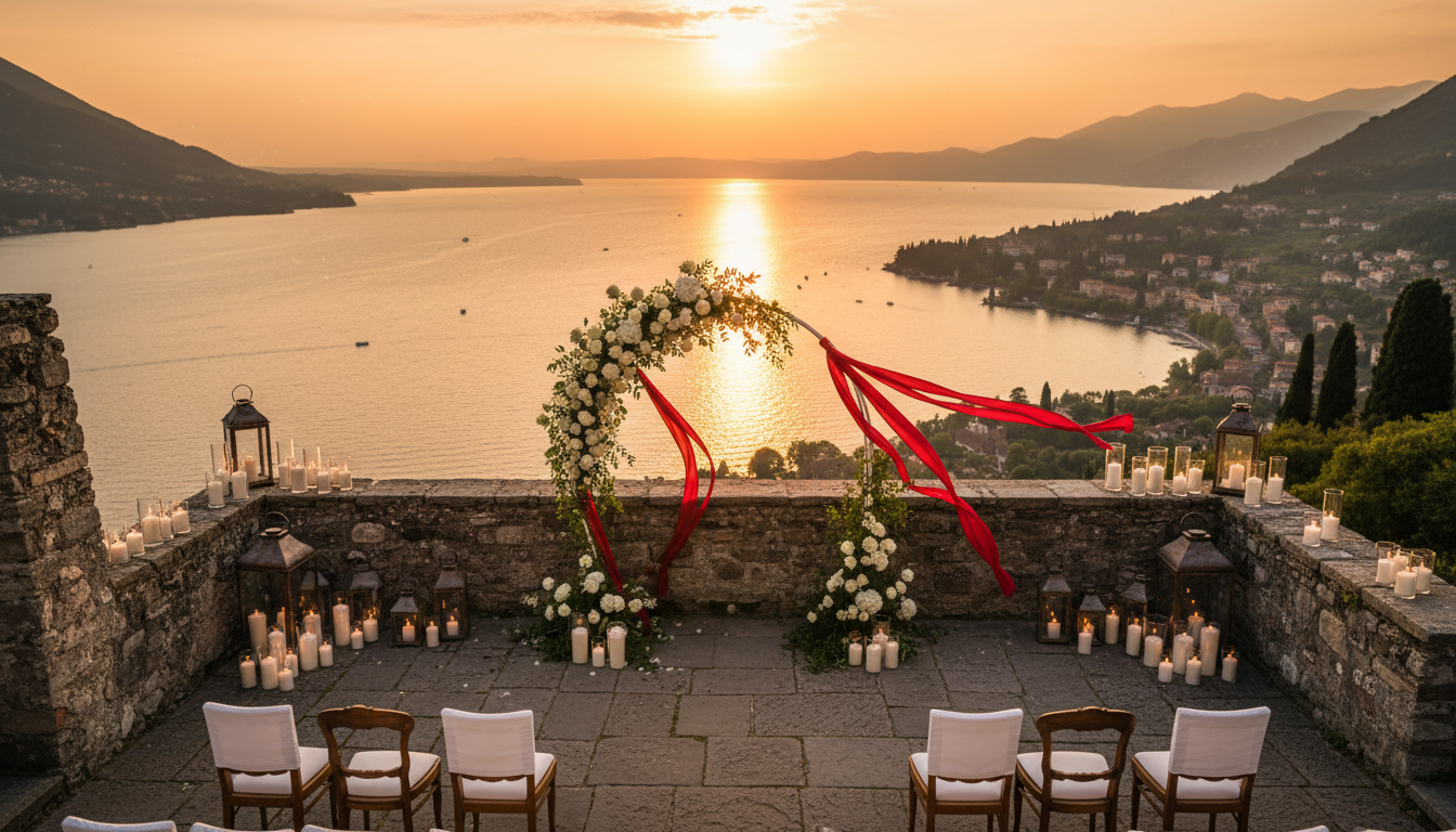 Elopement ceremony with red ribbon on the castle terrace above Lake Como – Lake Como castle elopement – Kiss Me Italy