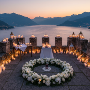 Candlelit proposal setup on the panoramic terrace of Castello di Vezio above Lake Como – Castello di Vezio proposal – Kiss Me Italy