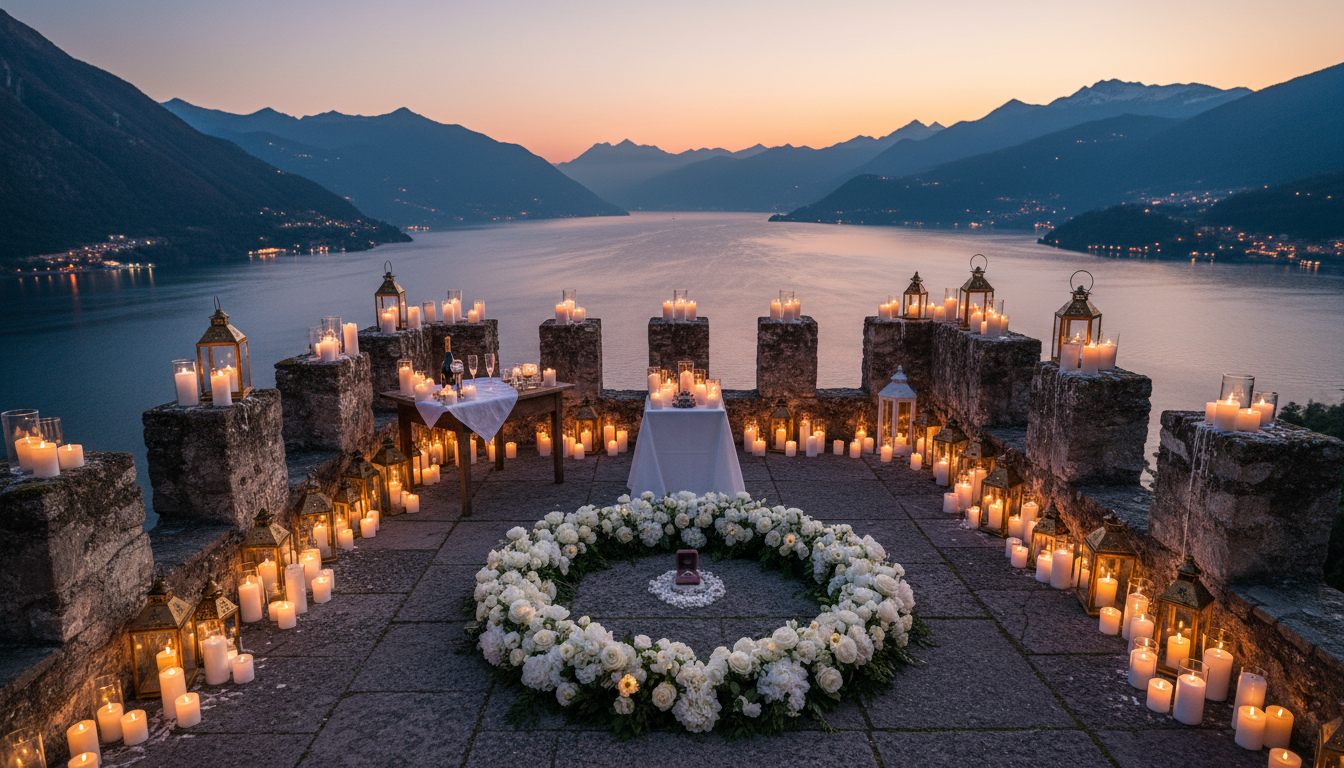 Candlelit proposal setup on the panoramic terrace of Castello di Vezio above Lake Como – Castello di Vezio proposal – Kiss Me Italy