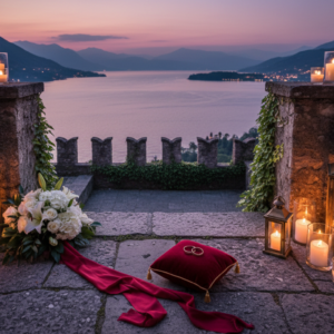 Anniversary vow renewal with rings and candles on a castle terrace above Lake Como – Lake Como castle vow renewal – Kiss Me Italy