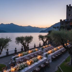 Wedding dinner on the olive-grove terraces beneath Castello di Vezio over Lake Como – Castello di Vezio wedding – Kiss Me Italy