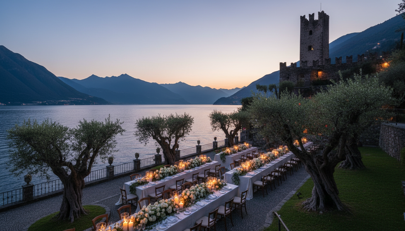 Wedding dinner on the olive-grove terraces beneath Castello di Vezio over Lake Como – Castello di Vezio wedding – Kiss Me Italy
