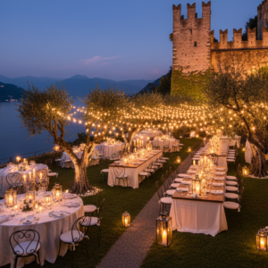Evening wedding party under the walls of a castle above Varenna – Lake Como agriturismo wedding – Kiss Me Italy