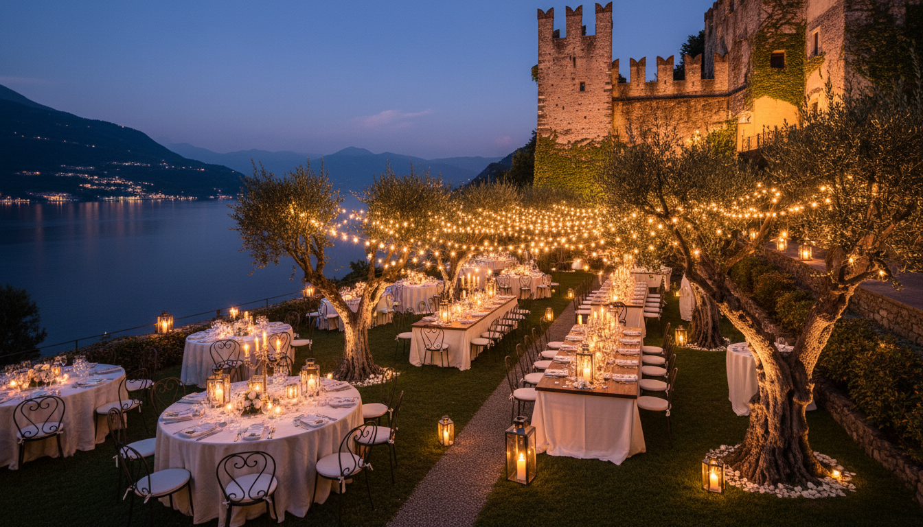 Evening wedding party under the walls of a castle above Varenna – Lake Como agriturismo wedding – Kiss Me Italy