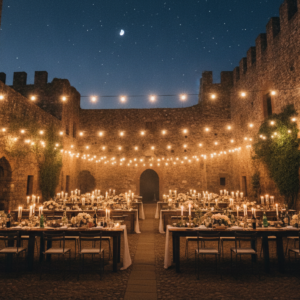 Evening after party in the stone courtyard of a Maremma castle – once upon a wedding in Tuscany – Kiss Me Italy