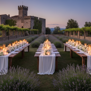 Wedding dinner in the gardens of Castello di Vicarello in the Tuscan Maremma – Castello di Vicarello wedding – Kiss Me Italy