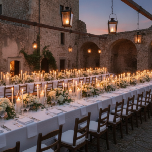 Wedding dinner in the courtyard of Castello di Petrata, Umbria – castello di petrata wedding umbria – Kiss Me Italy