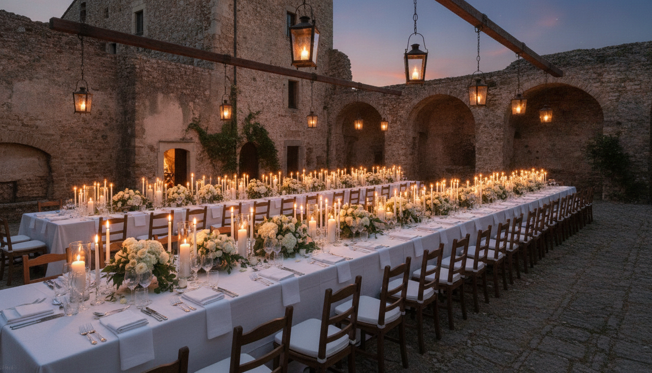 Wedding dinner in the courtyard of Castello di Petrata, Umbria – castello di petrata wedding umbria – Kiss Me Italy