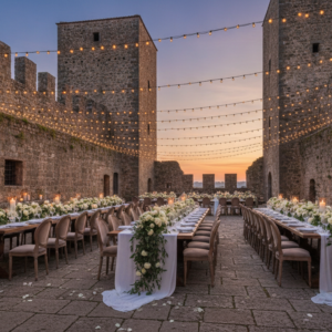 Wedding reception in the courtyard of Castello di San Biagio, Umbria – castello di san biagio wedding umbria – Kiss Me Italy