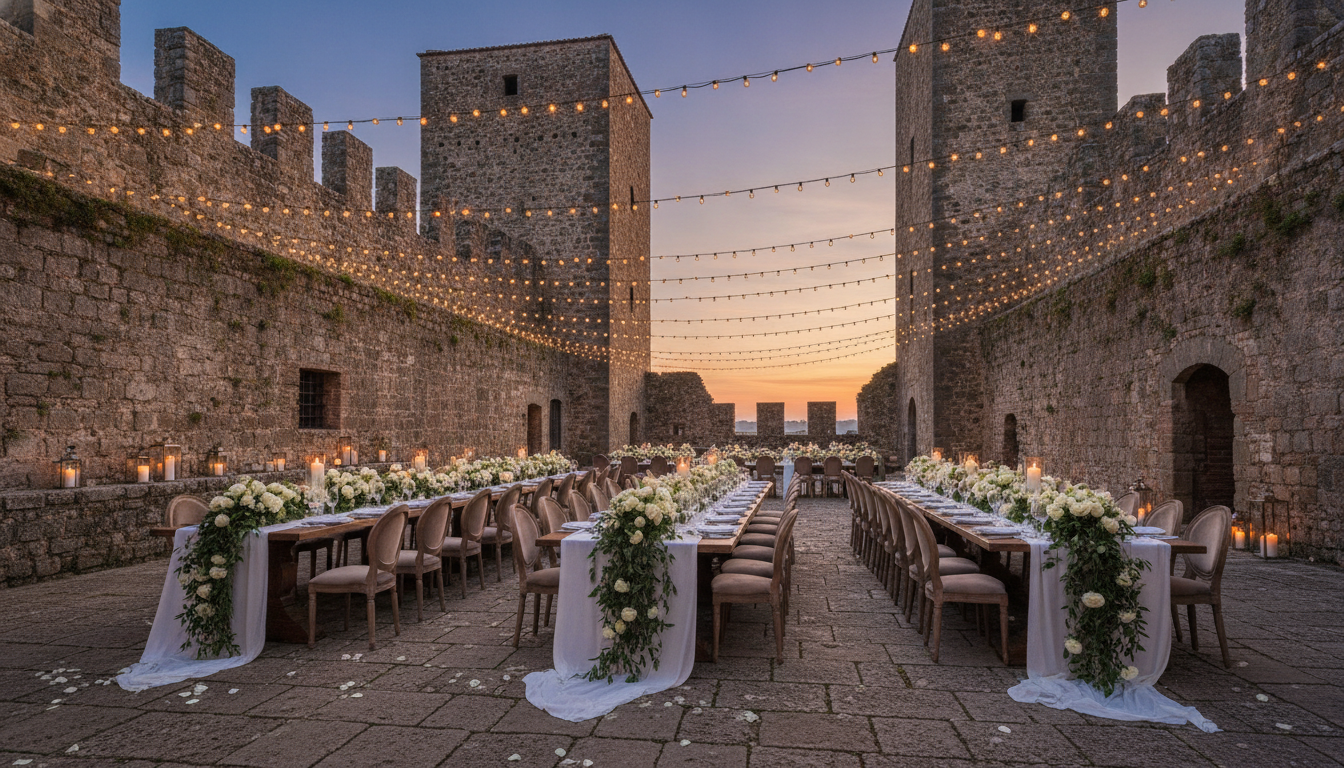 Wedding reception in the courtyard of Castello di San Biagio, Umbria – castello di san biagio wedding umbria – Kiss Me Italy