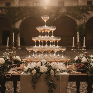 Champagne tower at a castle wedding reception, Castello di San Biagio, Umbria – castello di san biagio wedding umbria – Kiss Me Italy