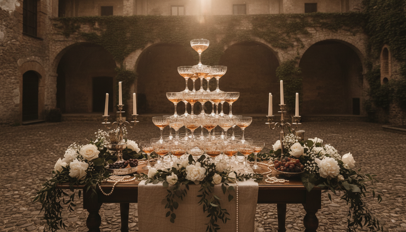 Champagne tower at a castle wedding reception, Castello di San Biagio, Umbria – castello di san biagio wedding umbria – Kiss Me Italy