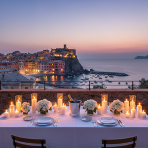 Candlelit proposal dinner on the Castle Suite terrace over Portovenere – castle suite proposal – Kiss Me Italy
