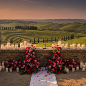 Proposal setup with flowers at a panoramic vineyard point in Chianti near Florence – chianti tour proposal – Kiss Me Italy