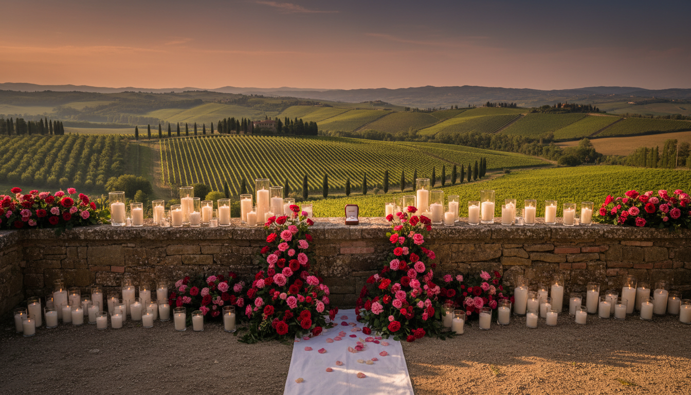 Proposal setup with flowers at a panoramic vineyard point in Chianti near Florence – chianti tour proposal – Kiss Me Italy
